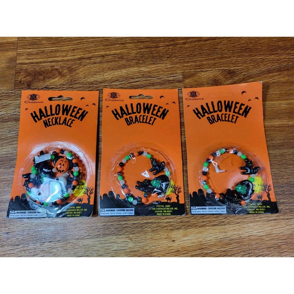 Vintage Lot Of 3 Chadwick Halloween Bracelets Witch Cat Skull Pumpkin